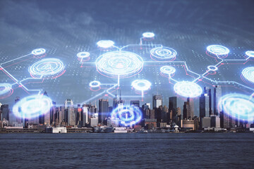 Double exposure of social network theme drawing and cityscape background. Concept of people...