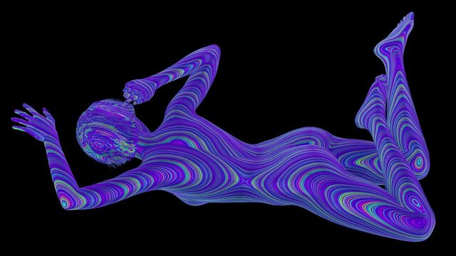 Artistic portrait of lying naked woman, view from back top. Creative psychedelic texture made of stripes. Fashionable colors, 3D rendering. Violet crimson yellow-green. Infinite loop, endless cycle
