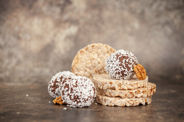 Sweet dietary balls of crispybread, berries, fruits and nuts. Healthy diet. Gluten free