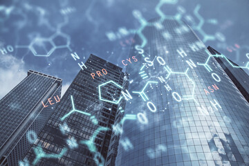 Double exposure of sience formula drawing and cityscape background. Concept of education.