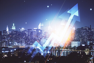 Double exposure of arrows growing up hologram and cityscape background. Concept of success.