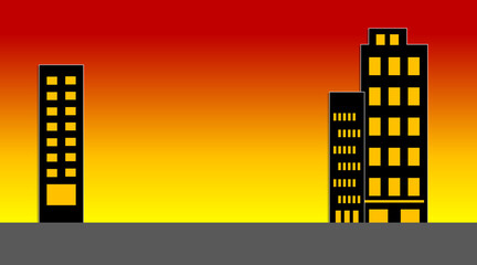 Tall buildings and forest fire backdrop