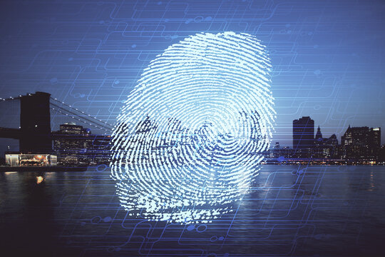 Double exposure of finger print hologram and cityscape background. Concept of personal security.