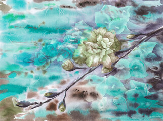 Watercolor Freshness floral landscape. Twig of softness flowers and blue calla lilies and motion river water. Artistic Teal colored background.