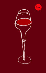 Wineglass drawing for logo design. Hand-drawn line art with artistic pencil texture. Symbol of wine glass for emblem vineyard, organic wines banner, autumn wine festival, bar sign template. Red wines.