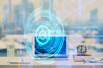 Multi exposure of table with computer on background and data theme drawing. Concept of innovation.