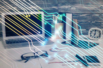 Obraz premium Multi exposure of desktop with computer on background and tech theme drawing. Concept of big data.