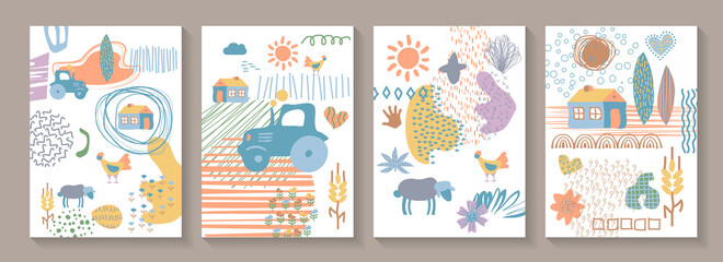 Fototapeta na wymiar Hand drawn various shapes and rural elements. Set of covers. Abstract contemporary modern trendy vector illustrations. Various shapes, doodle objects, farm items. 