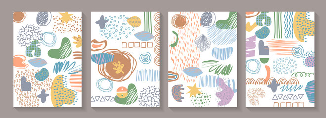 Hand drawn various shapes and doodle objects. Set of covers. Abstract contemporary modern trendy vector illustrations.  Various shapes, doodle objects. Contemporary modern background set.