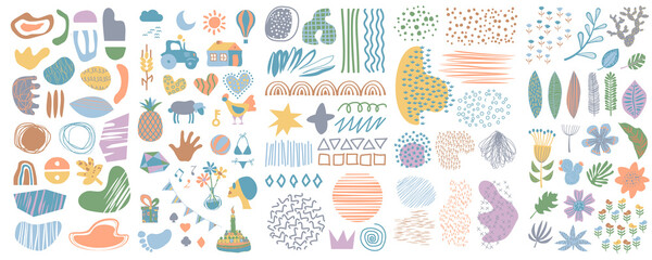 Fototapeta na wymiar Big set of hand drawn various shapes and doodle objects. Abstract contemporary modern trendy vector illustration. Set of scribble textures and hand drawn floral elements. 