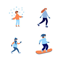 Adults and children are dressed in winter clothing for snowboarding and skiing. Men's and women's cartoon skiing and snowboarding and walking. Winter games on the street, mountain sports. Vector