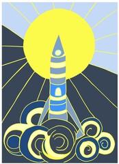 Rocket against the sun and gray-blue sky. - 377494877