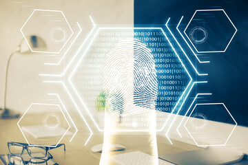 Computer on desktop in office with finger print drawing. Double exposure. Concept of business data security.