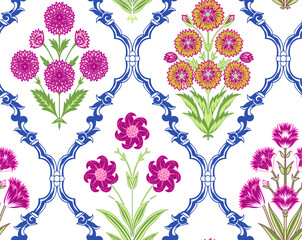 Fantasy botanical flowers in retro, vintage style. Element for design. Colored vector illustration. Isolated on blue background.