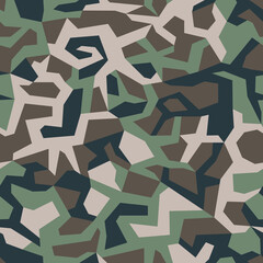 Obraz premium Geometric camo seamless pattern. Abstract military or hunting camouflage background. Brown, green color. Vector.