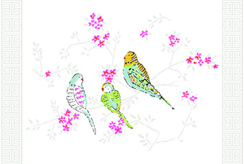 watercolor pattern. flowers and birds drawn for design. Floral arrangement with leaves and birds. Bright pattern for wallpaper, background, fabric, design.