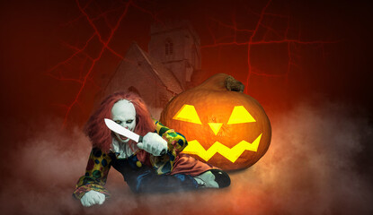 Halloween clown in a fantasy setting with a pumpkin in the foreground