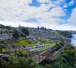 Bronte Beach Cemetery sitting on top of high rock cliffs with magnificent views to the ocean 