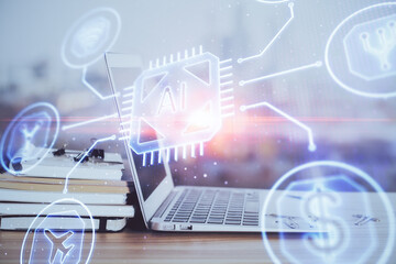 Double exposure of computer and technology theme drawing. Concept of innovation.