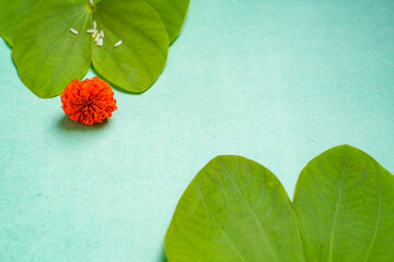 Indian festival dussehra , green leaf, rice and flowers