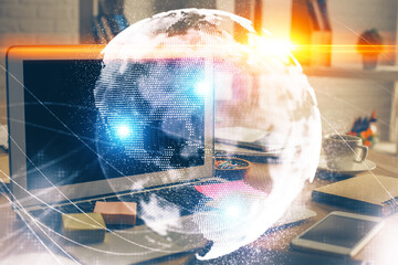 Multi exposure of business theme icons and table with computer background. Concept of success.