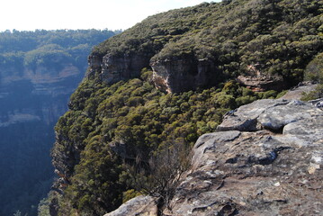 Fototapeta na wymiar Hiking near waterfalls in Wentworth Falls in Blue Mountains national park, Australia