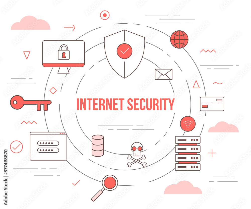 Poster internet security technology concept with icon set template banner with modern orange color style