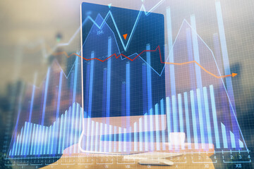 Multi exposure of forex chart and work space with computer. Concept of international online trading.