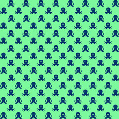 Dark blue octopus front view swimming with light green background repeat pattern
