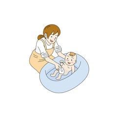 赤ちゃんの体を洗うママ