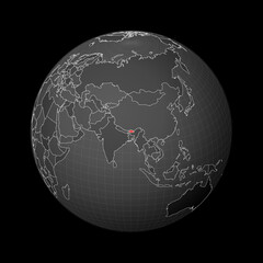 Dark globe centered to Bhutan. Country highlighted with red color on world map. Satellite world projection. Artistic vector illustration.