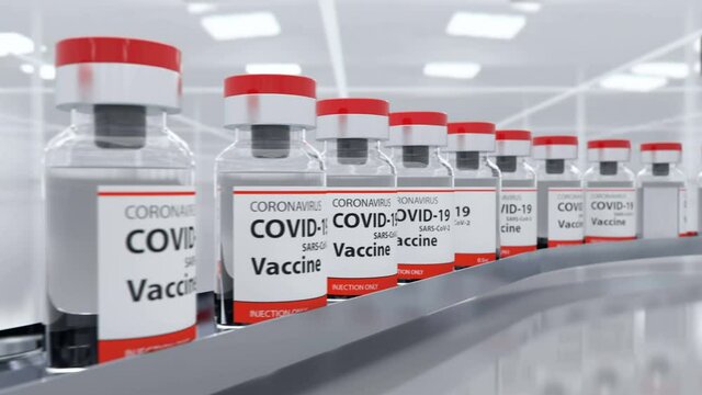 COVID-19 vaccine has been developed and ampoules with coronavirus vaccine moves to the packing on the pharmaceutical production line. It's for injecting medical professionals and people at risk, loop