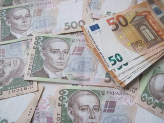 banknotes of different countries for the exchange of money from 500 hryvnia to 50 euros