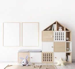Mock up poster frame in children room, two frames in wooden farmhouse style, 3d render	