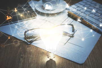 Social network theme drawing with glasses on the table background. Concept of people media connection. Double exposure.