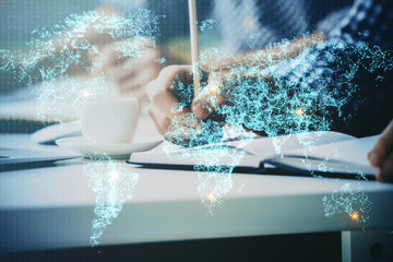 Man's hands working with notes background. Social networking concept.