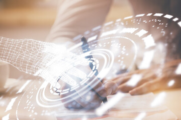 Man in white shirt with technology icons.