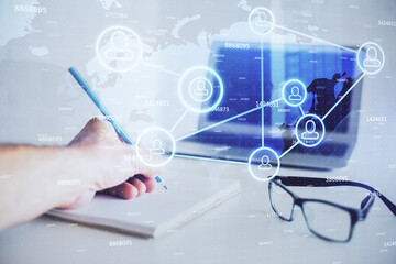 Man's hands working with notes background. Social networking concept.