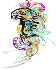 Splattered eagle symbol like a parrot. Abstract eagle head with colored floral splashes on a white background for wallpaper, prints, posters, tattoos, decorative compositions
