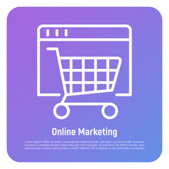 Online marketing thin line icon. Web page with shopping cart. Online strategy for promotion. Vector illustration.