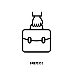 Briefcase in hand thin line icon. Symbol of portfolio. Vector illustration.