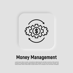 Money management thin line icon. Investment, financial circulation, financial operating, income from funds. Gear with arrows. Vector illustration.