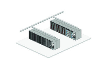 Server room for providing cloud services and consists of physical equipment with graphic data storage and networking.