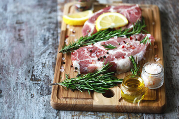Fresh raw meat with rosemary and spices on a wooden board. Pork steaks.