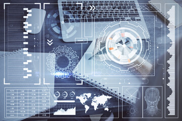 Multi exposure of writing hands on background with data solution hologram. Technology concept.
