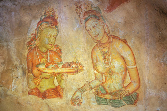 Ancient fresco with women at Sigirya, Sri Lanka