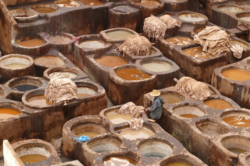 A craftsman dyeing animal hides in the colorful dyeing basins in the medina of Fes el Bali, Fès,...