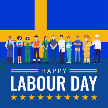 Happy Labor Day. Various occupations people standing with Sweden flag. Vector