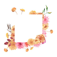 Watercolor autumn floral geometrical frame with roses dahlia peony orange greenery leaves isolated on white background. Fall floral frame bohemian boho wreath for wedding invitation card
