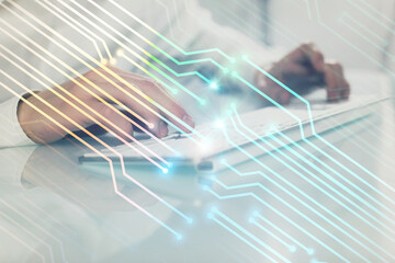 Multi exposure of tech drawings with man working on computer background. Concept of innovation.